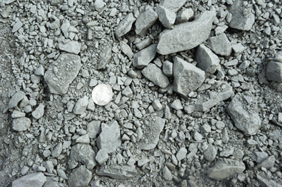 Coin among scattered gray rocks and gravel.